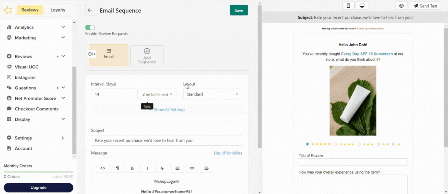 A step-by-step explanation of how to change the frequency of review requests.